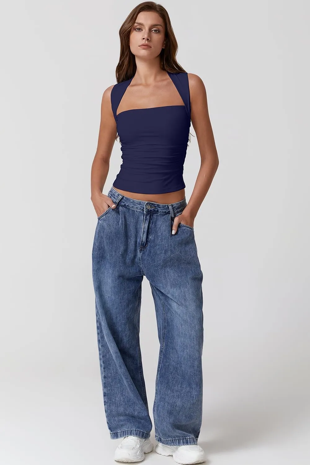 QINSEN Womens Square Neck Tank Tops Side Ruched Double Lined Slim Fit Summer Going Out Crop Top