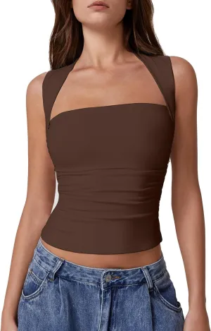 QINSEN Womens Square Neck Tank Tops Side Ruched Double Lined Slim Fit Summer Going Out Crop Top