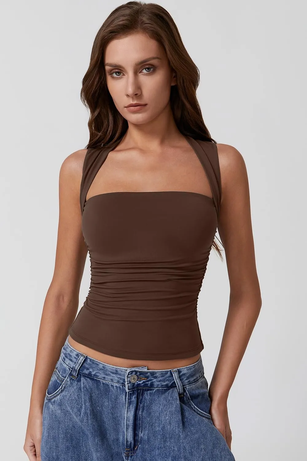 QINSEN Womens Square Neck Tank Tops Side Ruched Double Lined Slim Fit Summer Going Out Crop Top