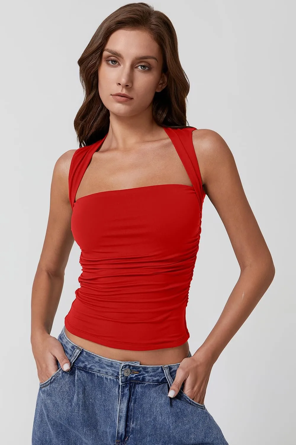 QINSEN Womens Square Neck Tank Tops Side Ruched Double Lined Slim Fit Summer Going Out Crop Top