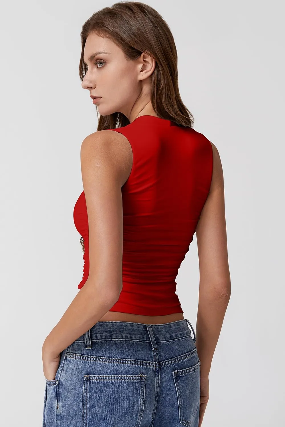 QINSEN Womens Square Neck Tank Tops Side Ruched Double Lined Slim Fit Summer Going Out Crop Top