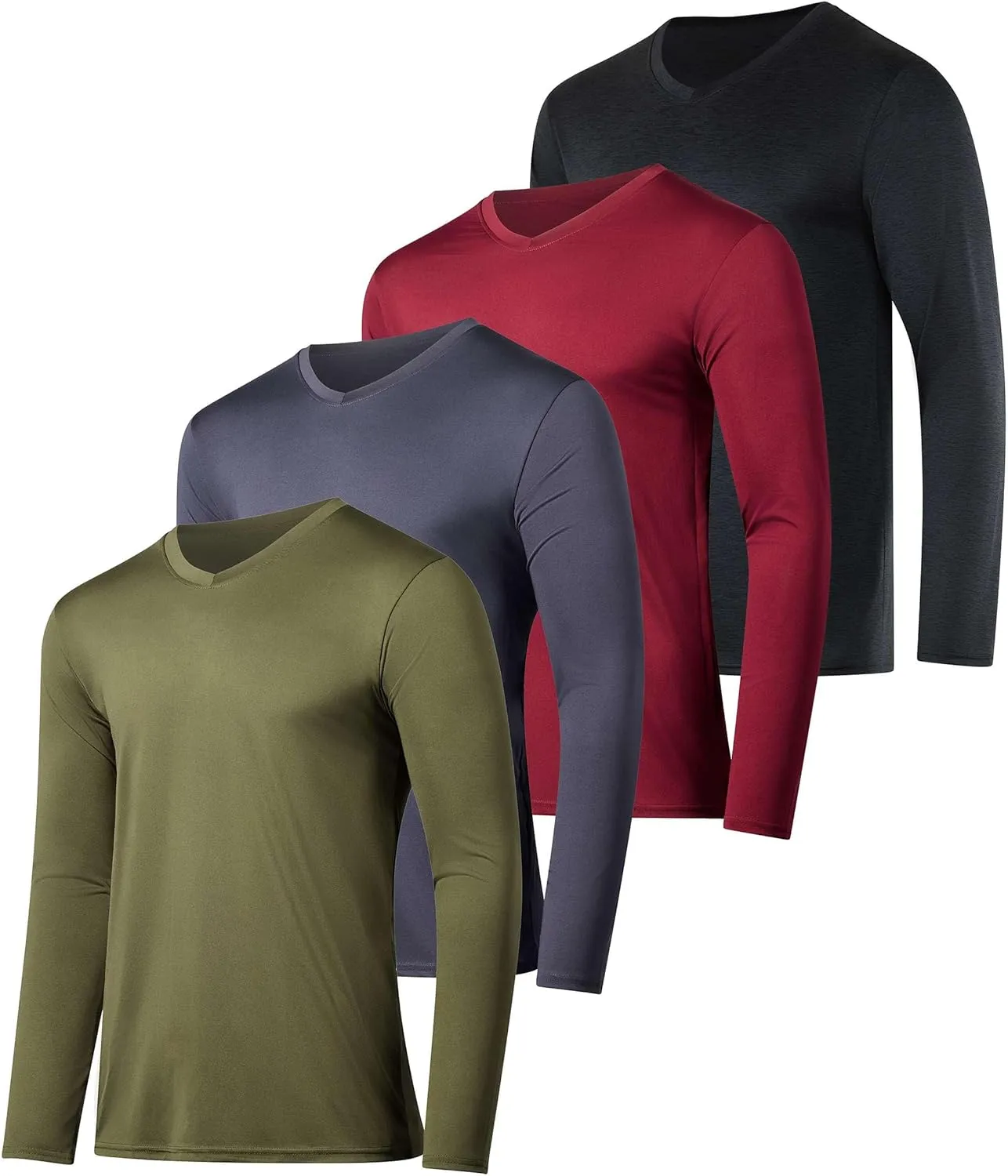 Real Essentials 4 Pack: Men's Dry Fit Long Sleeve V-Neck Active T-Shirt - Athletic Outdoor UPF 50  (Available in Big & Tall)
