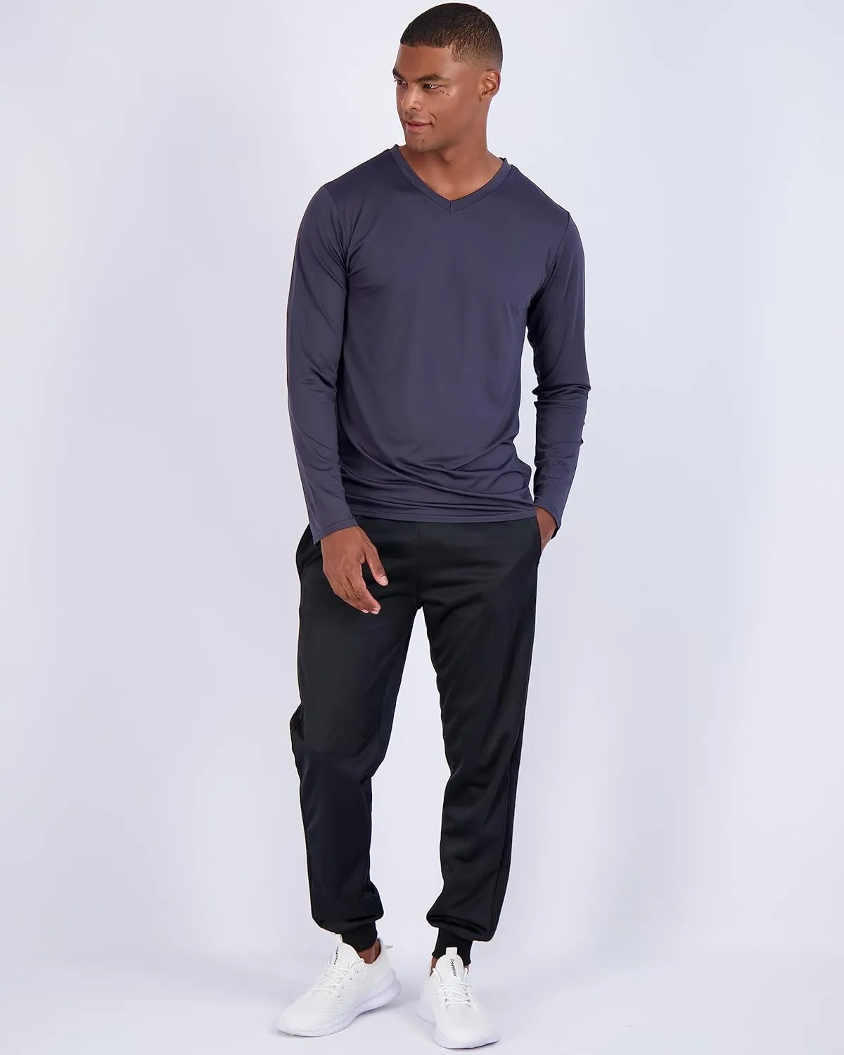 Real Essentials 4 Pack: Men's Dry Fit Long Sleeve V-Neck Active T-Shirt - Athletic Outdoor UPF 50  (Available in Big & Tall)