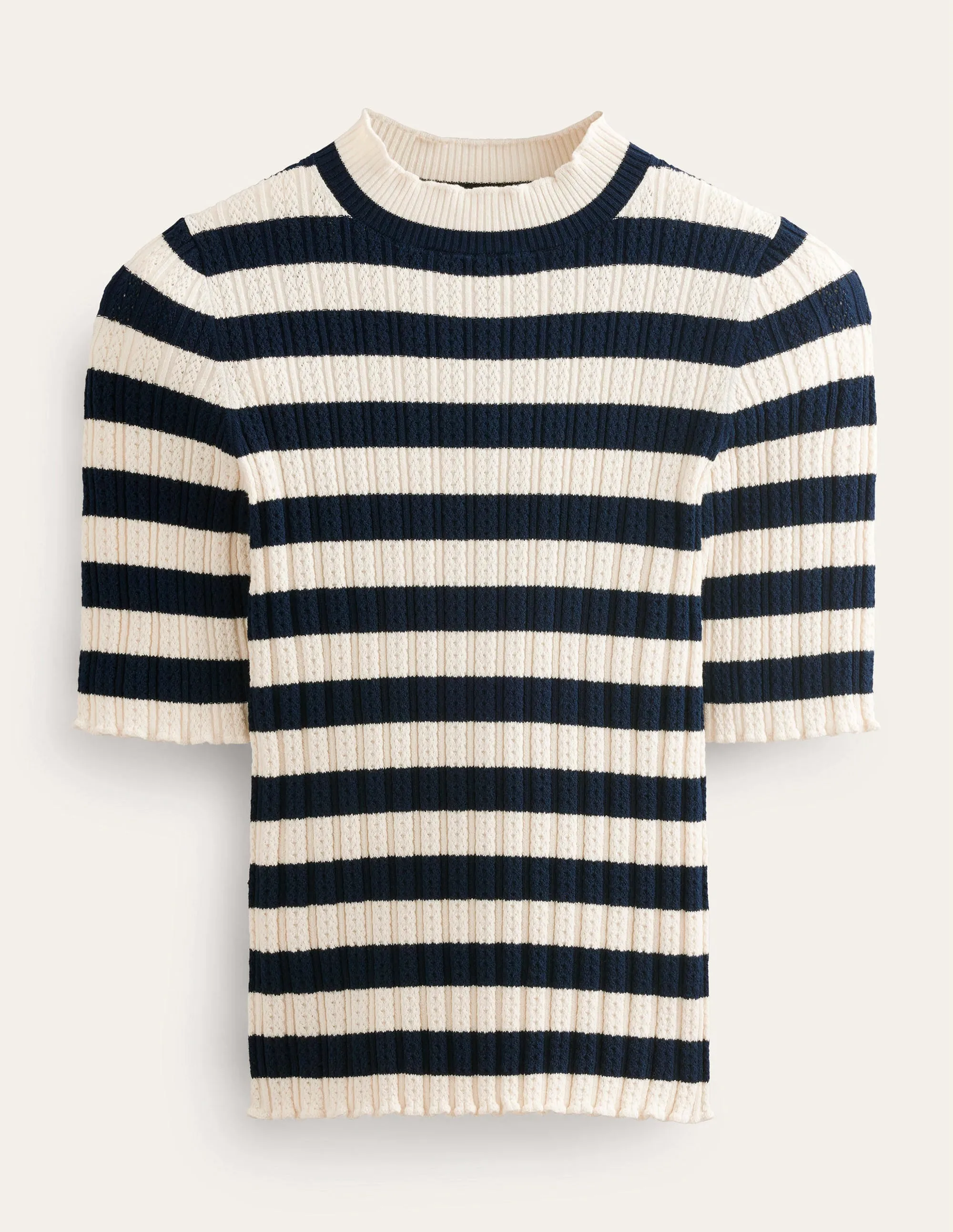 Ribbed Pointelle High Neck Top-Navy, Ivory Stripe