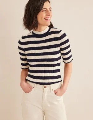 Ribbed Pointelle High Neck Top-Navy, Ivory Stripe