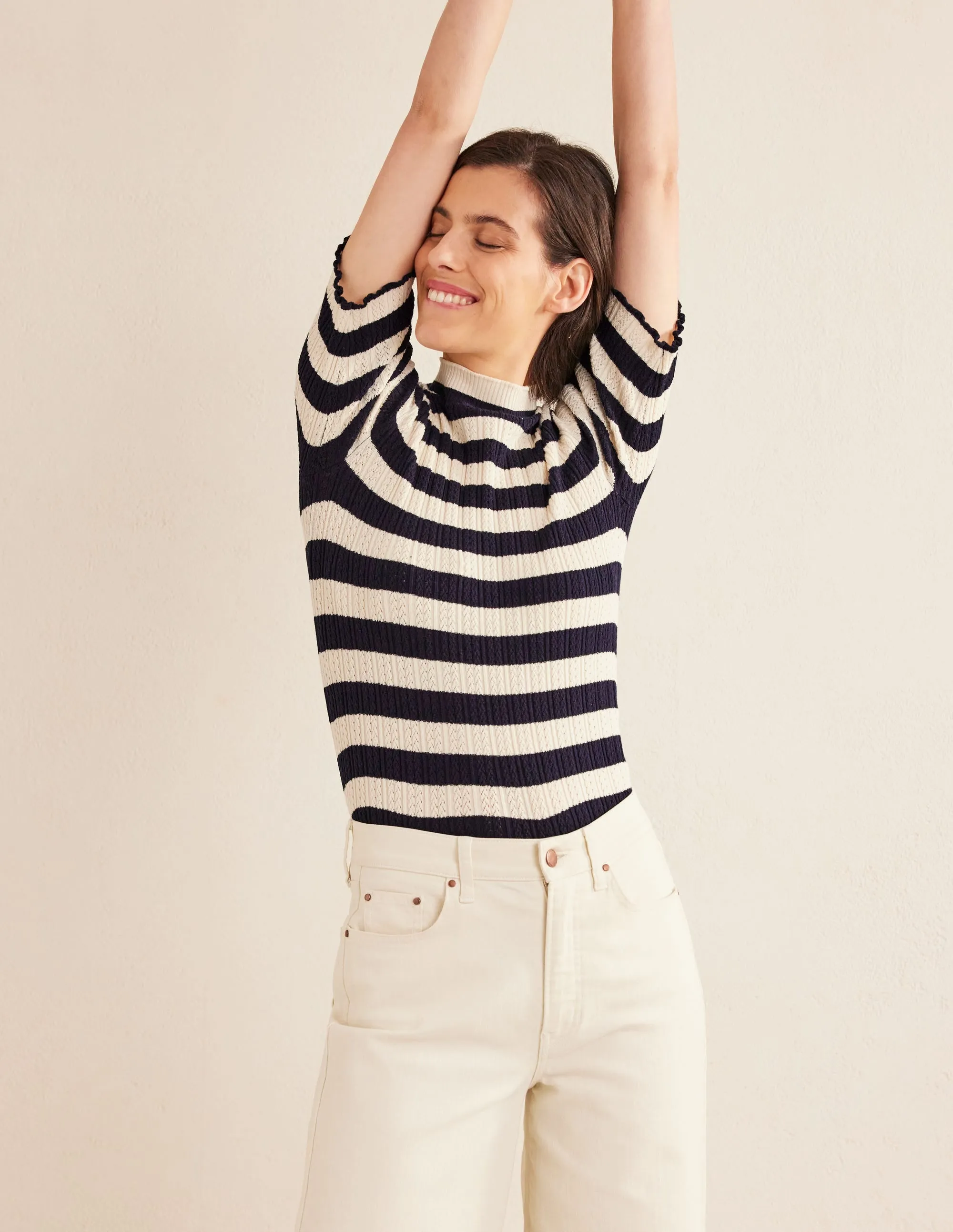 Ribbed Pointelle High Neck Top-Navy, Ivory Stripe