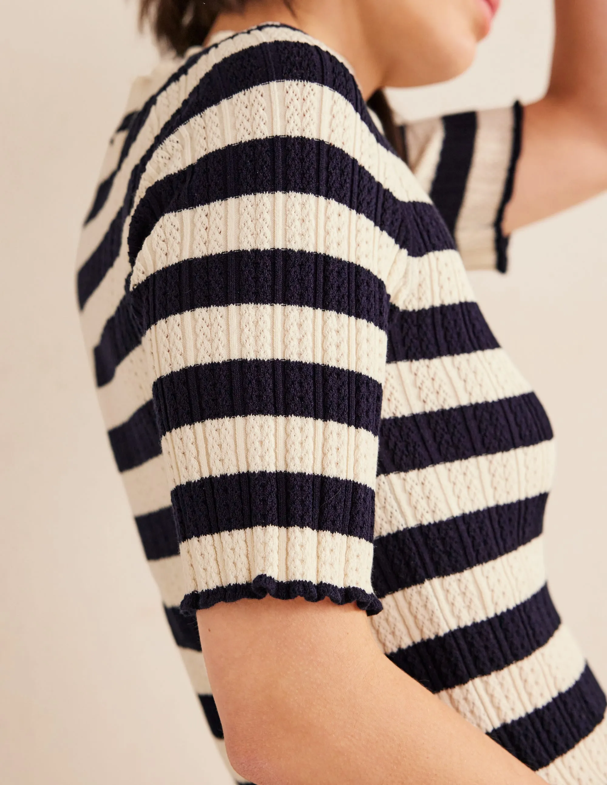 Ribbed Pointelle High Neck Top-Navy, Ivory Stripe