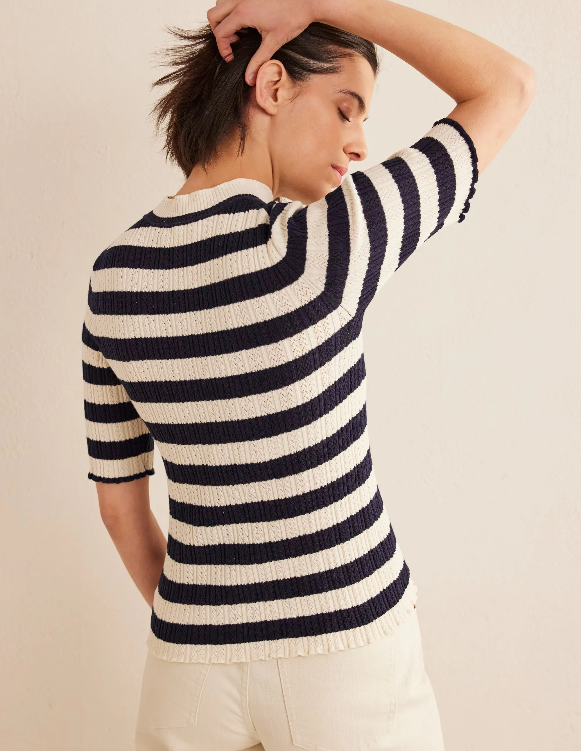 Ribbed Pointelle High Neck Top-Navy, Ivory Stripe