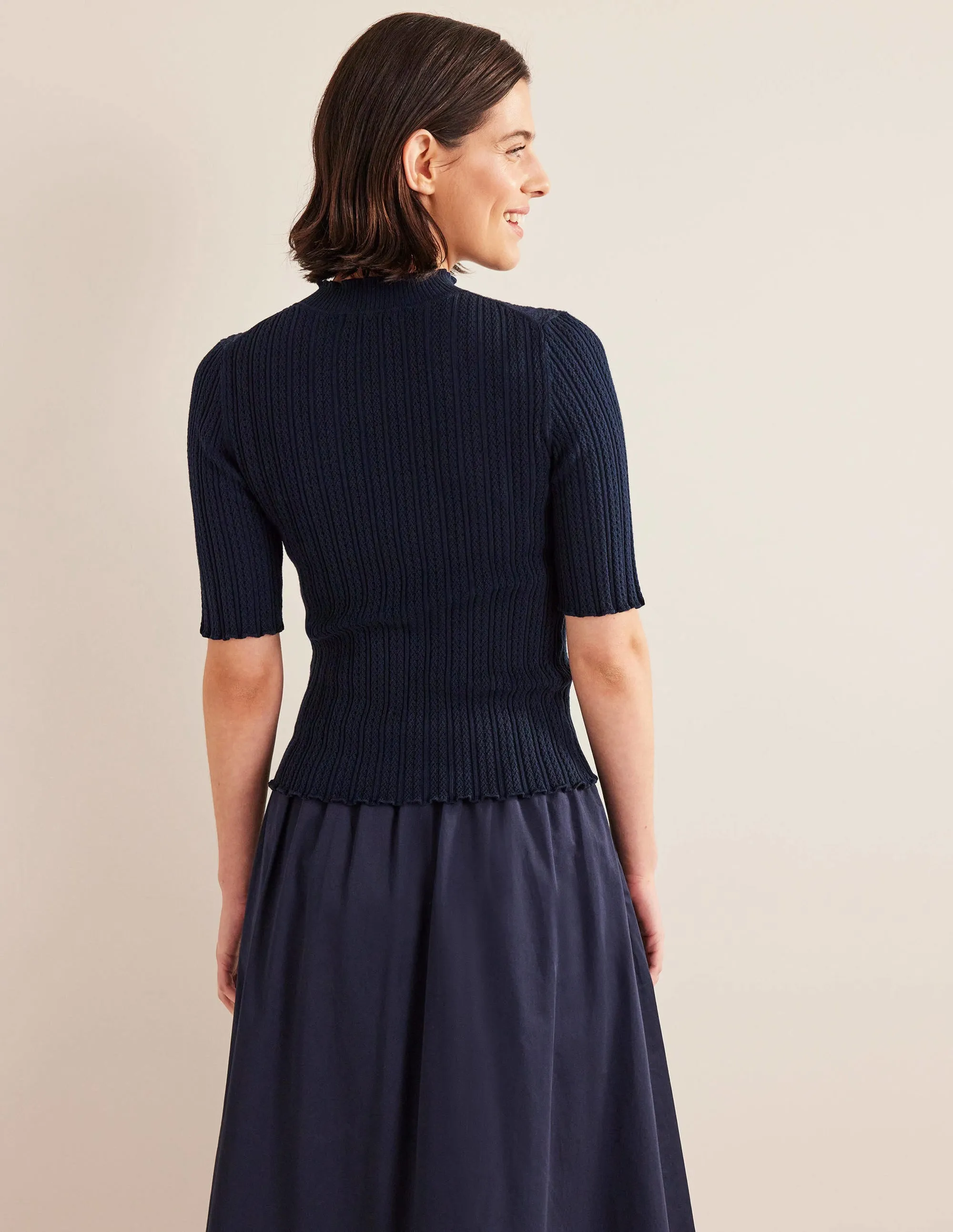 Ribbed Pointelle High Neck Top-Navy