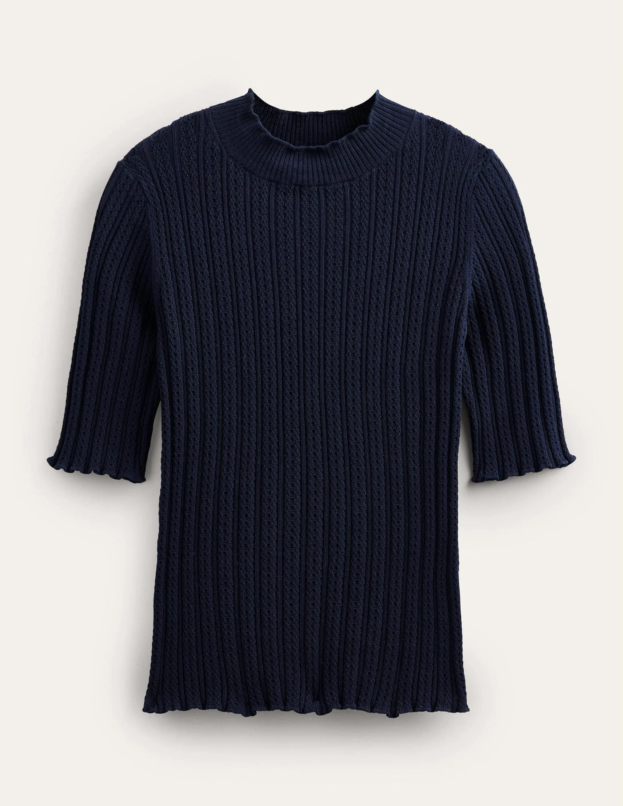 Ribbed Pointelle High Neck Top-Navy