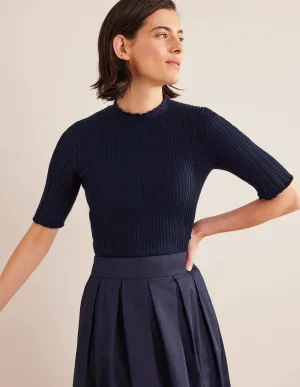 Ribbed Pointelle High Neck Top-Navy
