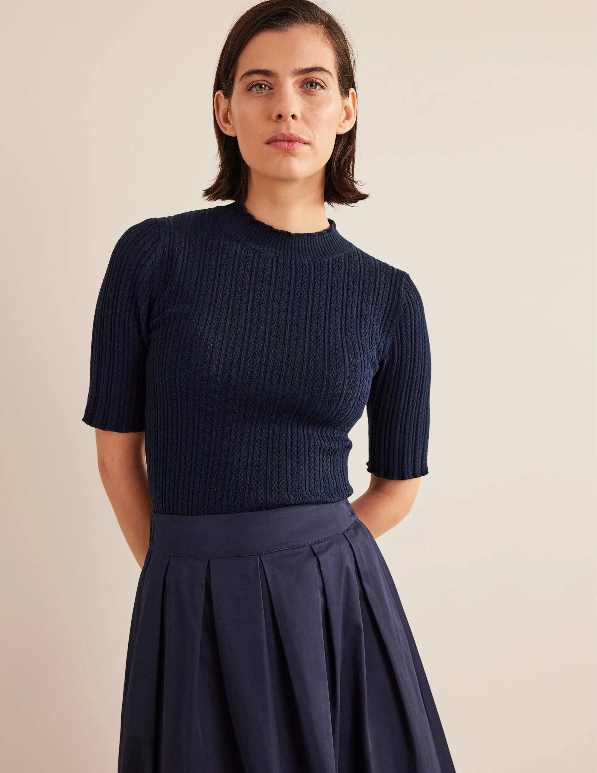 Ribbed Pointelle High Neck Top-Navy