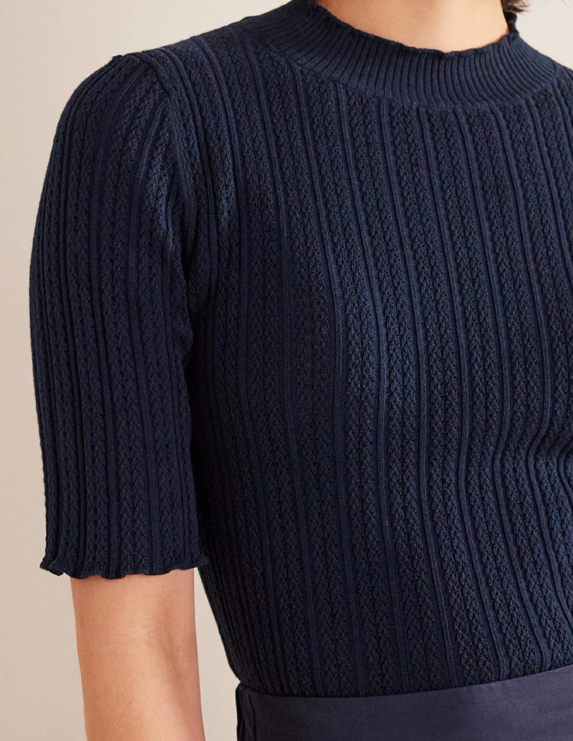 Ribbed Pointelle High Neck Top-Navy