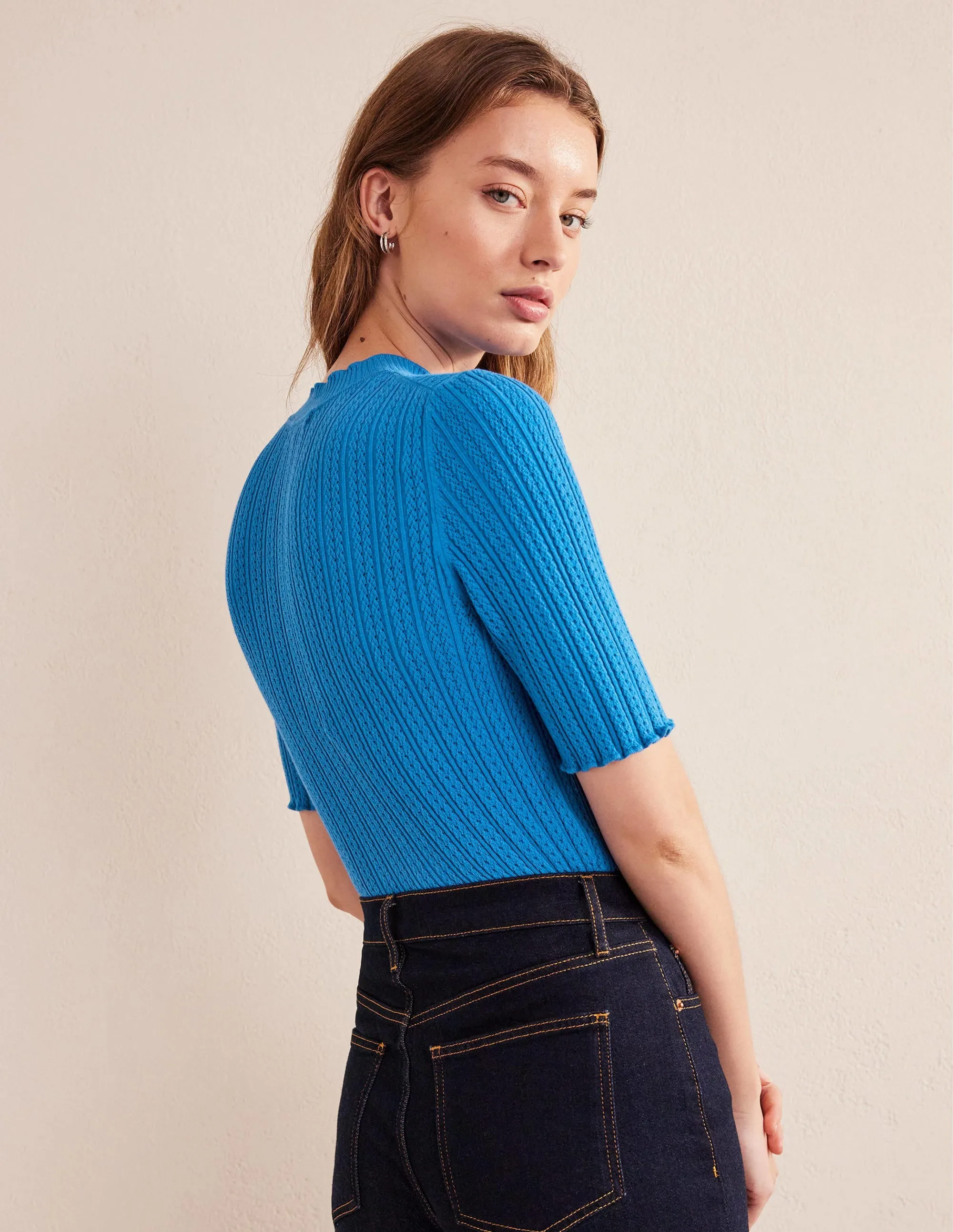 Ribbed Pointelle High Neck Top-Nebulus Blue
