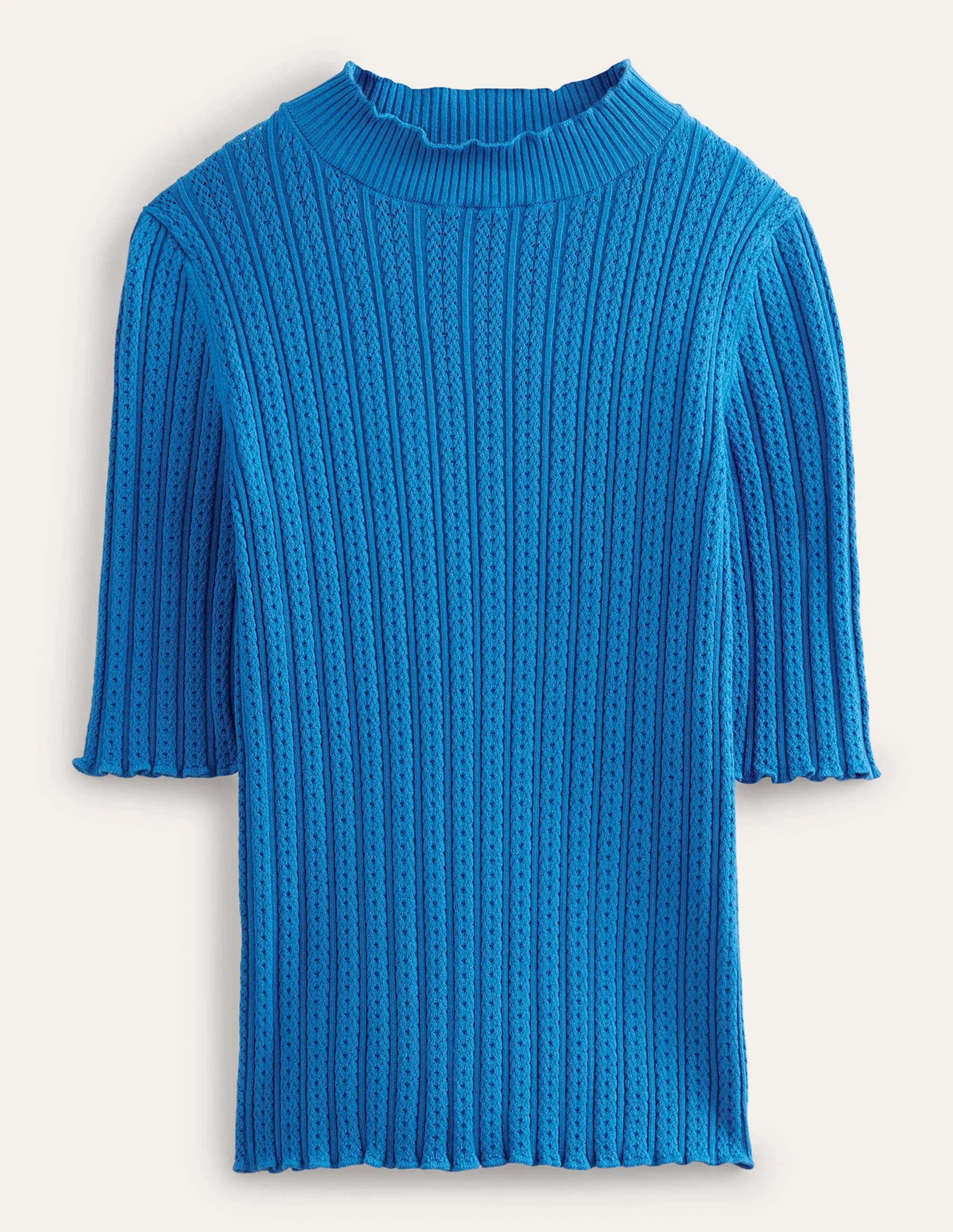 Ribbed Pointelle High Neck Top-Nebulus Blue
