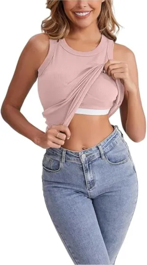 Ribbed Tank Tops for Women with Built in Bra Casual Crew Neck Sleeveless Shirts Basic Workout Camisole Tees