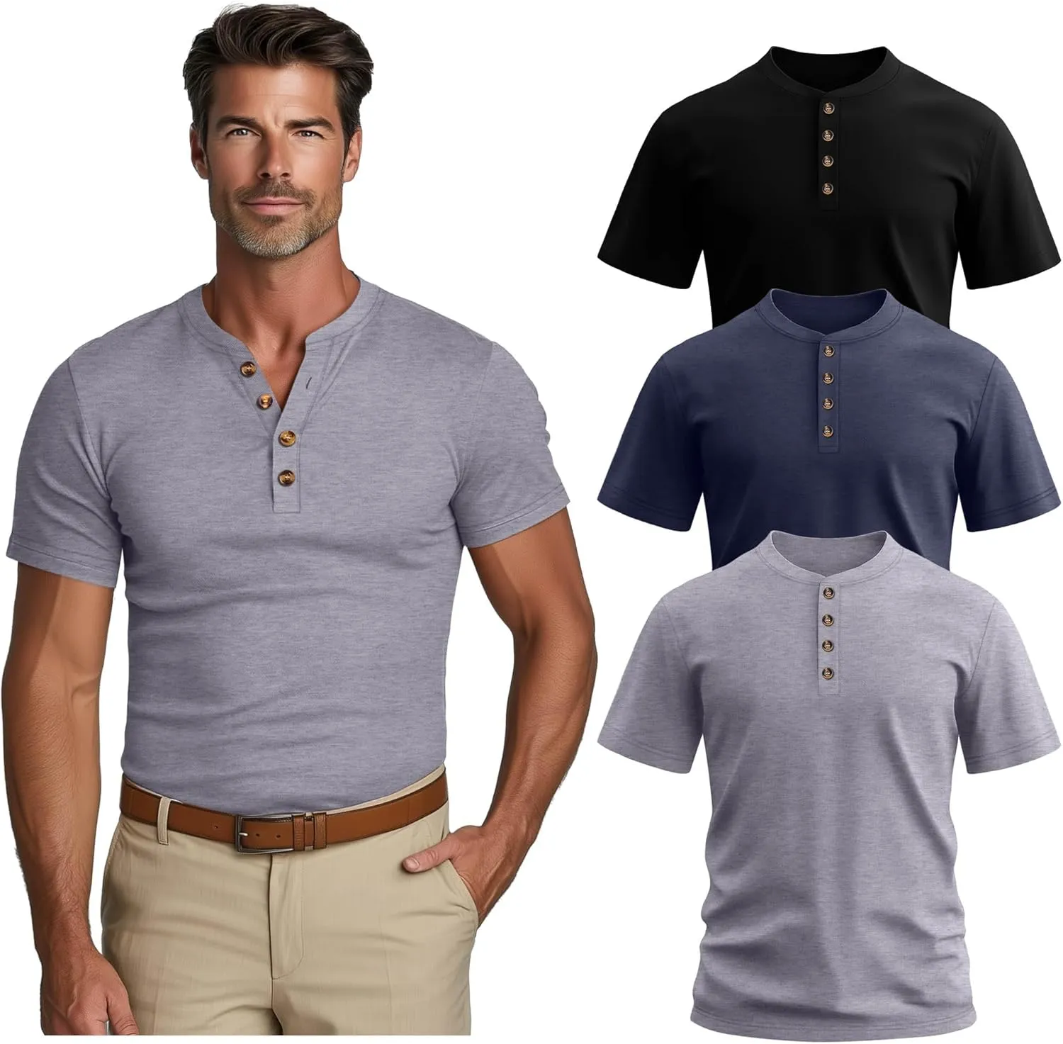 Riyiper 3 Pack Men's Big and Tall Henley T-Shirts Short Sleeve Cotton Plus Size Tees Loose Fit Plus Size Oversized Basic Tops