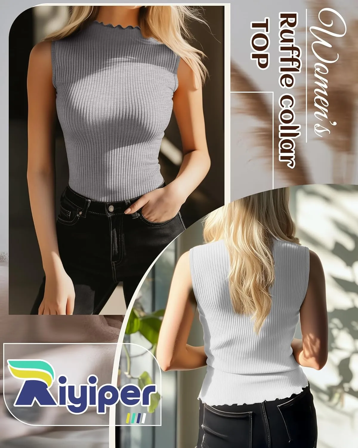 Riyiper 3 Pack Women's Sleeveless Mock Turtlenecks Shirts Lettuce Trim Ribbed Knit Slim Summer Casual Tank Tops Basic Tees