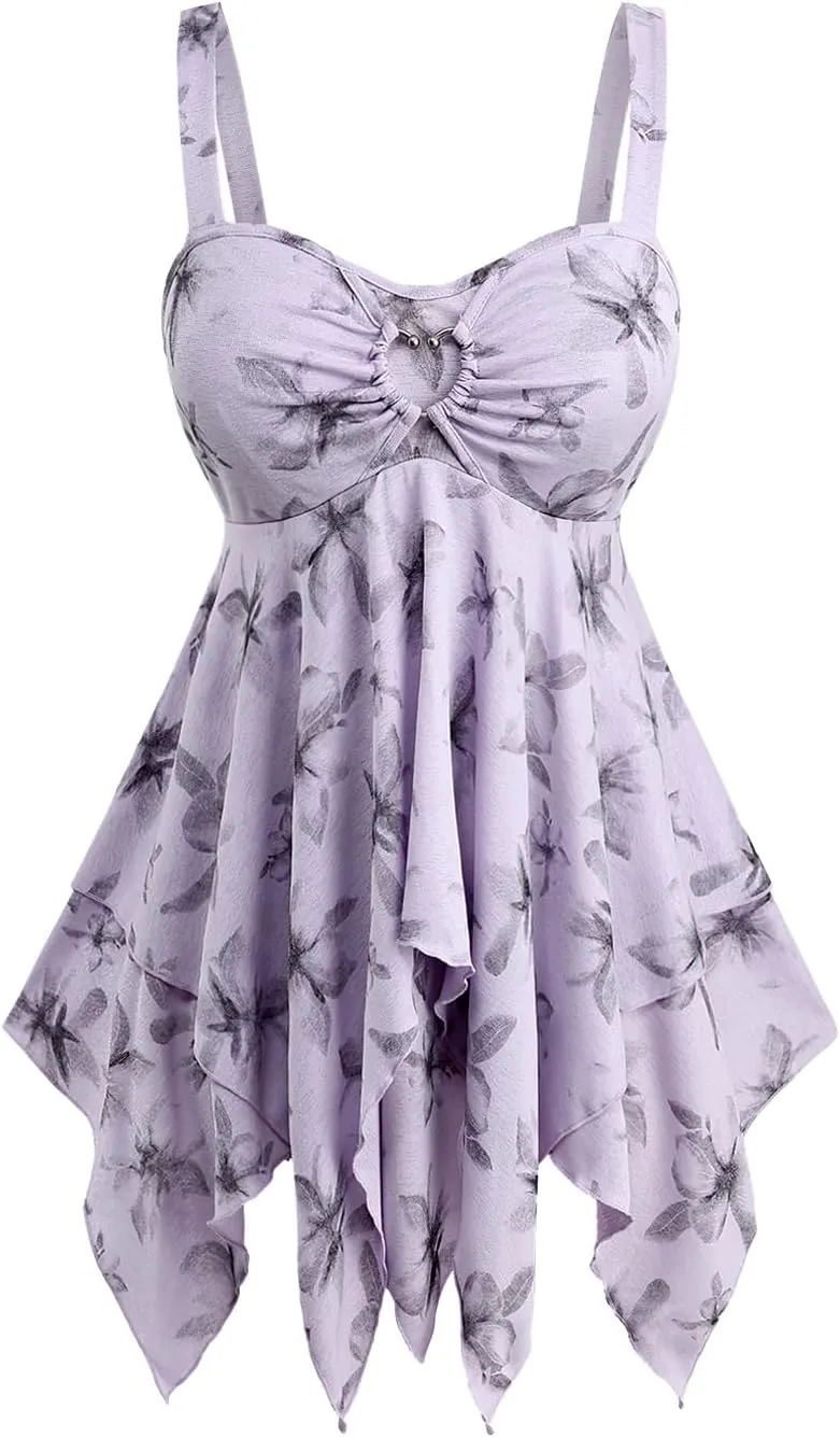 Rosegal Women Plus Size Flowy Summer Floral Babydoll Tank Top Backless Layered Handkerchief