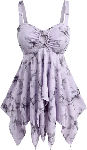 Rosegal Women Plus Size Flowy Summer Floral Babydoll Tank Top Backless Layered Handkerchief