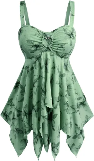 Rosegal Women Plus Size Flowy Summer Floral Babydoll Tank Top Backless Layered Handkerchief