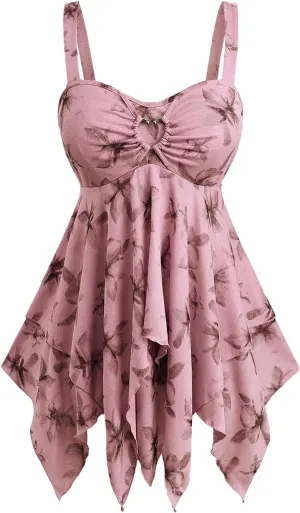 Rosegal Women Plus Size Flowy Summer Floral Babydoll Tank Top Backless Layered Handkerchief