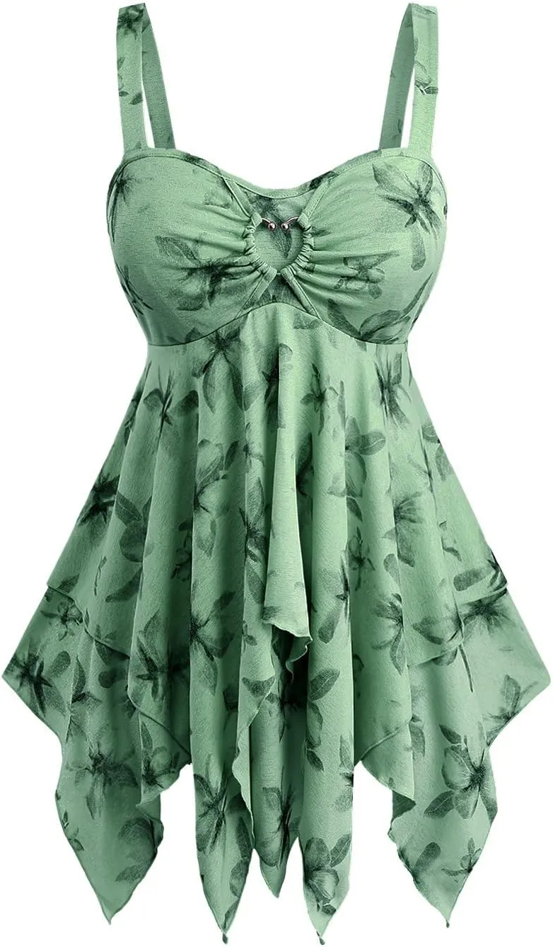 Rosegal Women Plus Size Flowy Summer Floral Babydoll Tank Top Backless Layered Handkerchief