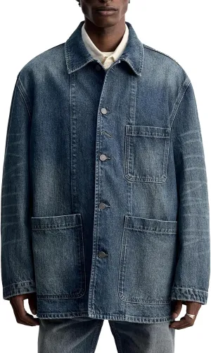 SCOFEEL Men's Denim Jacket Long Sleeve Button Down Overshirt Distressed Paint Splatter Washed Jean Jacket with Pockets