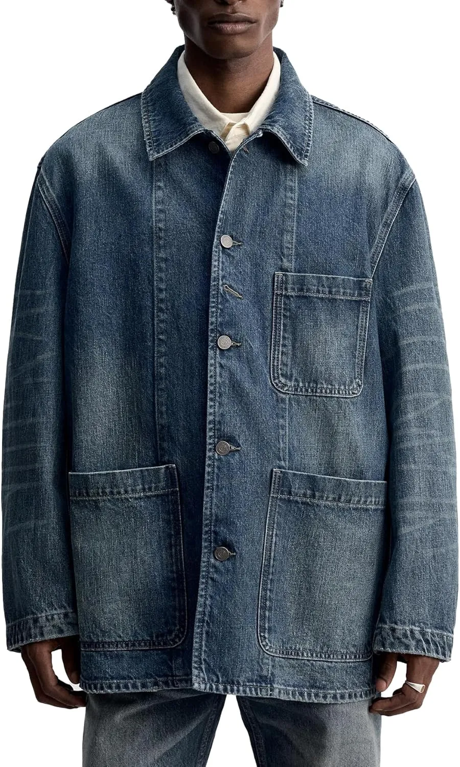 SCOFEEL Men's Denim Jacket Long Sleeve Button Down Overshirt Distressed Paint Splatter Washed Jean Jacket with Pockets
