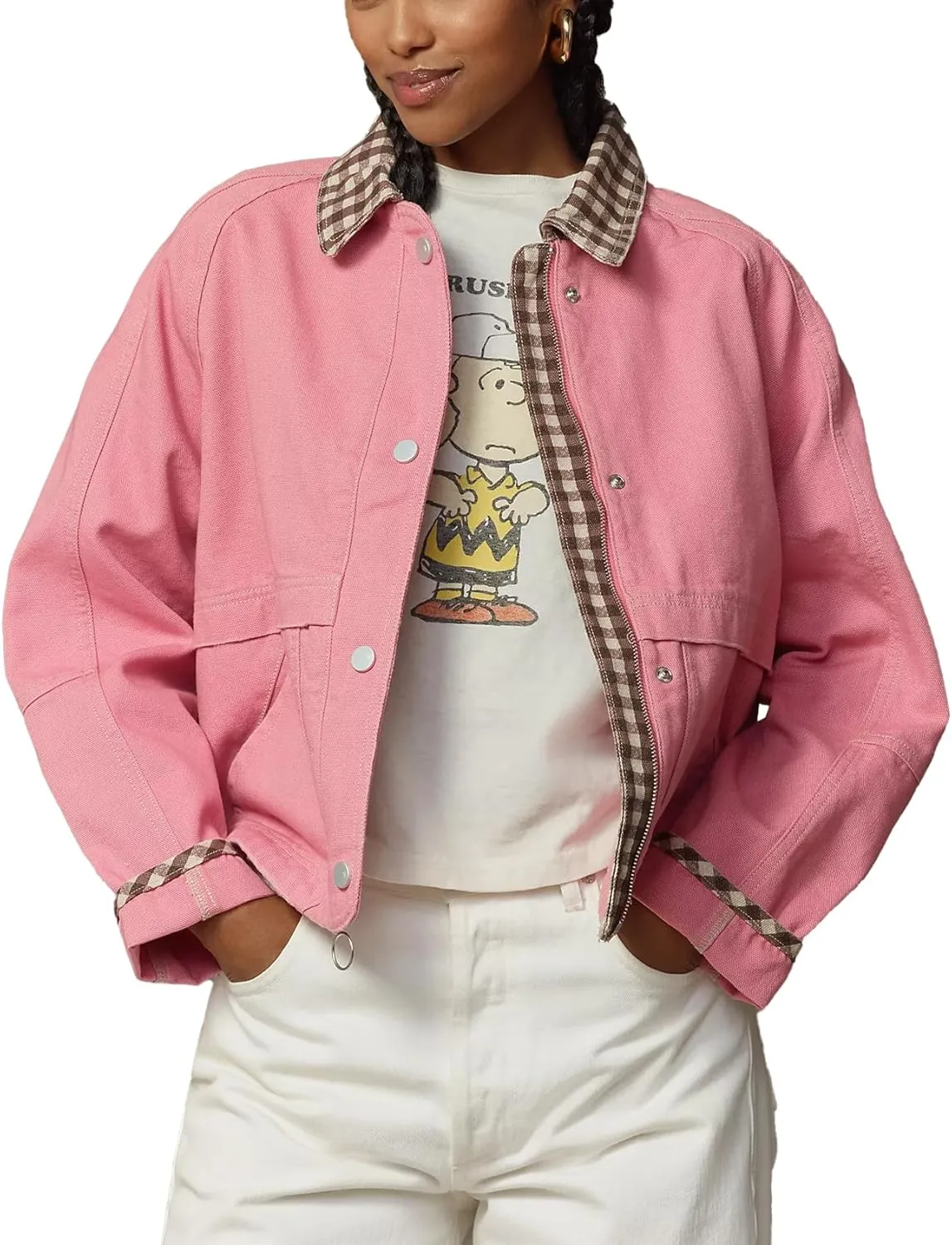 SCOFEEL Women's Crop Denim Jacket Zipper Snap Button Collared Loose Fit Outfit Trendy Jean Coat with Pockets