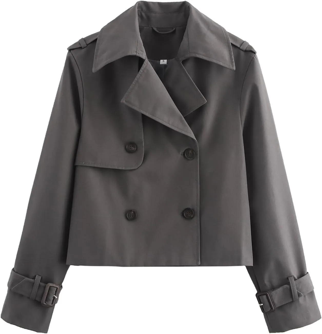Short Trench Coat for Women, Double Breasted Long Sleeve Lapel Casual Jackets Outerwear with Pockets