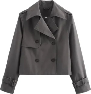 Short Trench Coat for Women, Double Breasted Long Sleeve Lapel Casual Jackets Outerwear with Pockets