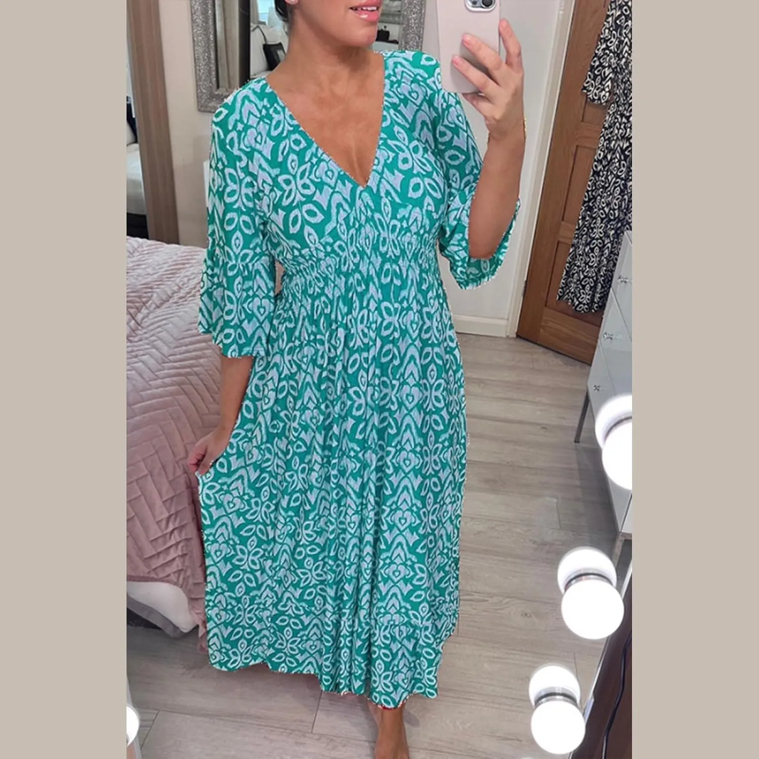 Summer Boho Midi Dresses for Women 2024 Casual Floral V Neck Wrap 3/4 Sleeve Dresses Plus Size Flowy Long Beach Dress