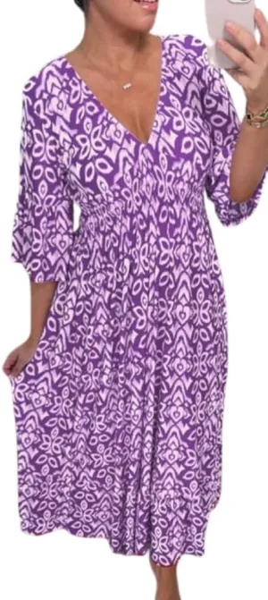 Summer Boho Midi Dresses for Women 2024 Casual Floral V Neck Wrap 3/4 Sleeve Dresses Plus Size Flowy Long Beach Dress