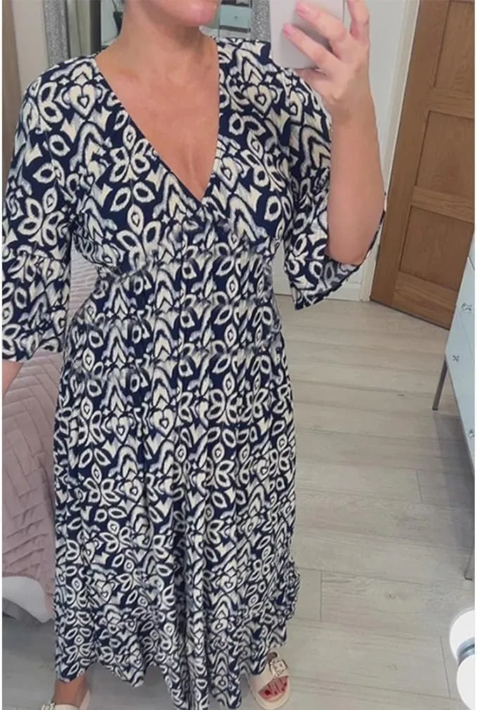 Summer Boho Midi Dresses for Women 2024 Casual Floral V Neck Wrap 3/4 Sleeve Dresses Plus Size Flowy Long Beach Dress