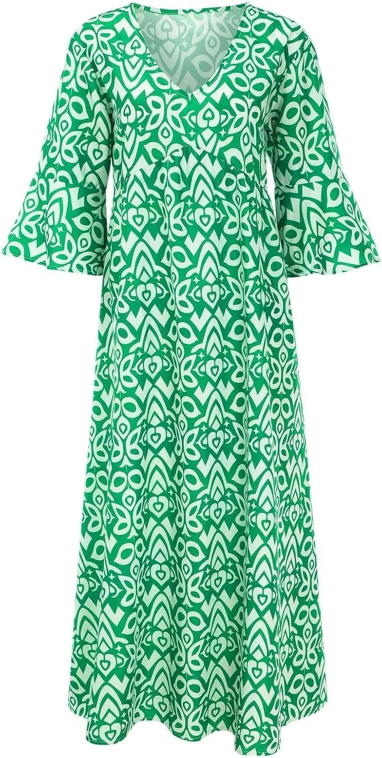 Summer Boho Midi Dresses for Women 2024 Casual Floral V Neck Wrap 3/4 Sleeve Dresses Plus Size Flowy Long Beach Dress