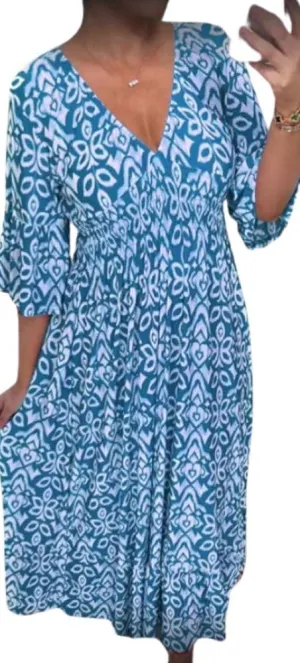 Summer Boho Midi Dresses for Women 2024 Casual Floral V Neck Wrap 3/4 Sleeve Dresses Plus Size Flowy Long Beach Dress