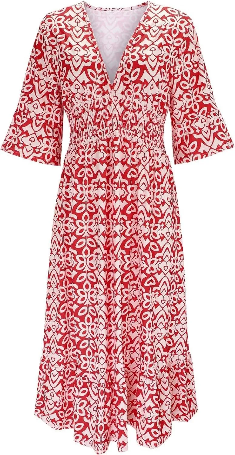 Summer Boho Midi Dresses for Women 2024 Casual Floral V Neck Wrap 3/4 Sleeve Dresses Plus Size Flowy Long Beach Dress