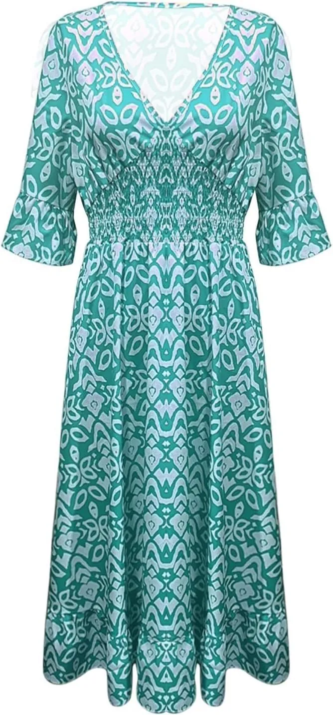 Summer Boho Midi Dresses for Women 2024 Casual Floral V Neck Wrap 3/4 Sleeve Dresses Plus Size Flowy Long Beach Dress