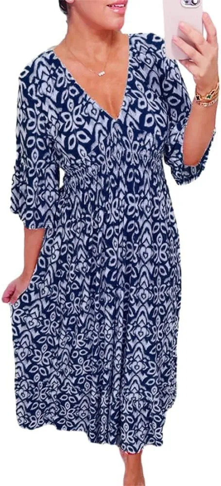 Summer Boho Midi Dresses for Women 2024 Casual Floral V Neck Wrap 3/4 Sleeve Dresses Plus Size Flowy Long Beach Dress