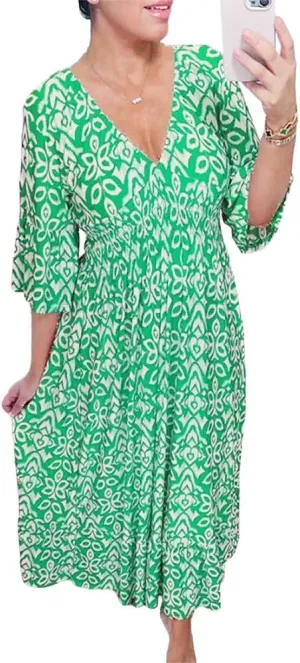 Summer Boho Midi Dresses for Women 2024 Casual Floral V Neck Wrap 3/4 Sleeve Dresses Plus Size Flowy Long Beach Dress