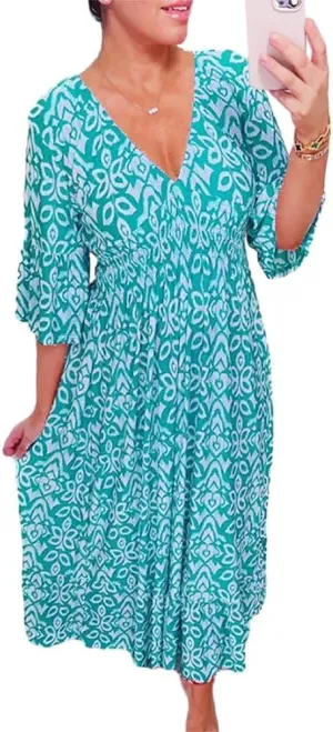 Summer Boho Midi Dresses for Women 2024 Casual Floral V Neck Wrap 3/4 Sleeve Dresses Plus Size Flowy Long Beach Dress