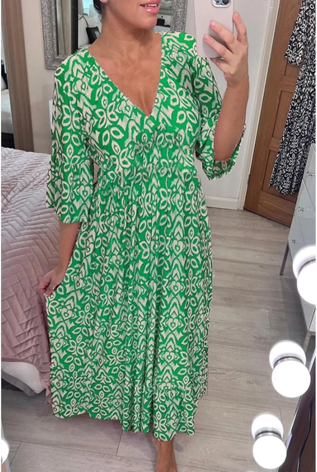 Summer Boho Midi Dresses for Women 2024 Casual Floral V Neck Wrap 3/4 Sleeve Dresses Plus Size Flowy Long Beach Dress