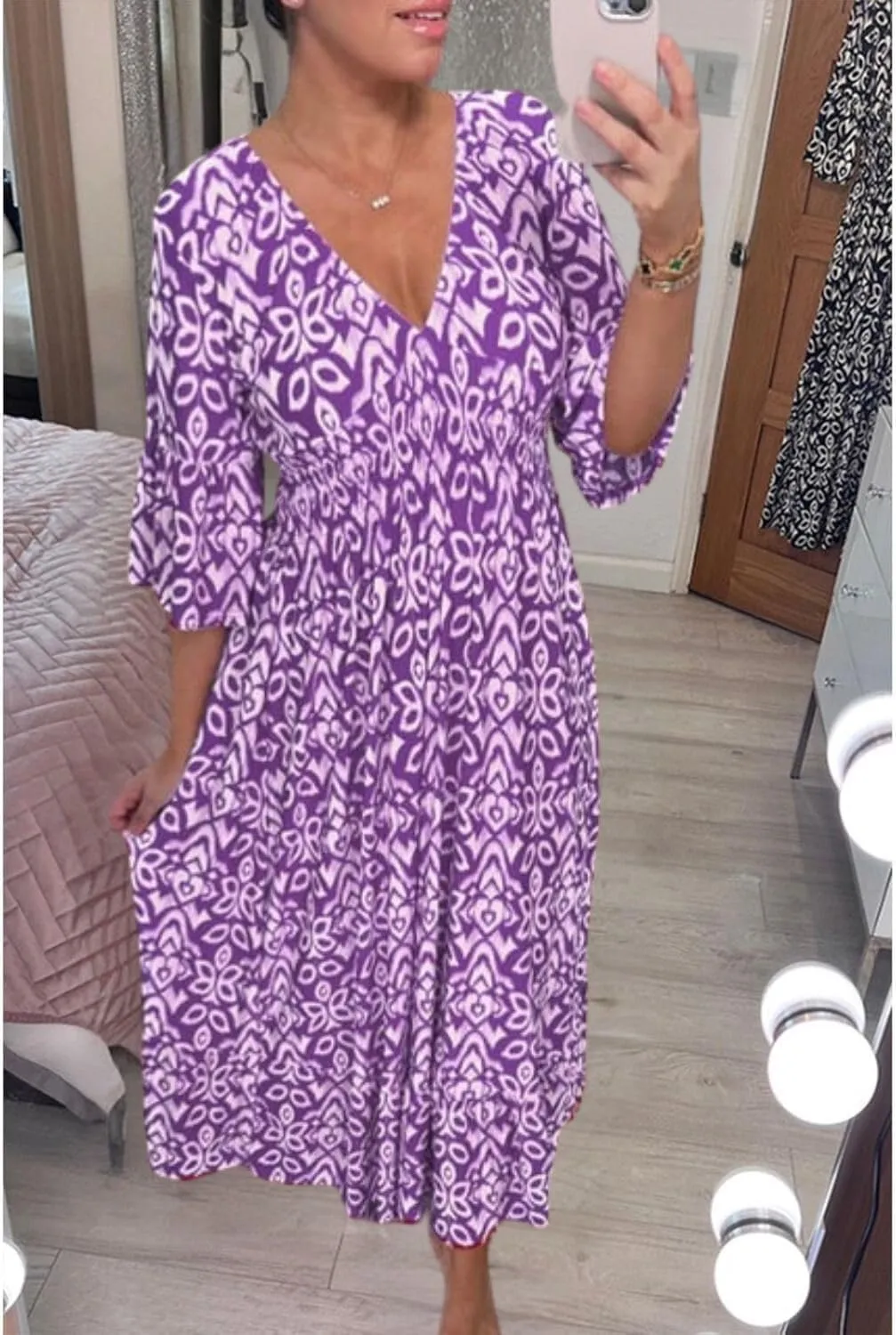 Summer Boho Midi Dresses for Women 2024 Casual Floral V Neck Wrap 3/4 Sleeve Dresses Plus Size Flowy Long Beach Dress