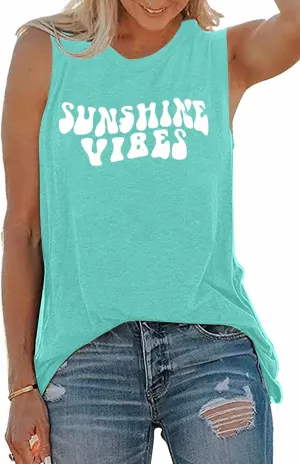 Sunshine Vibes Letter Print Vest T Shirt Women's Summer Sleeveless Graphic Tank Tops Casual Loose Workout Tees