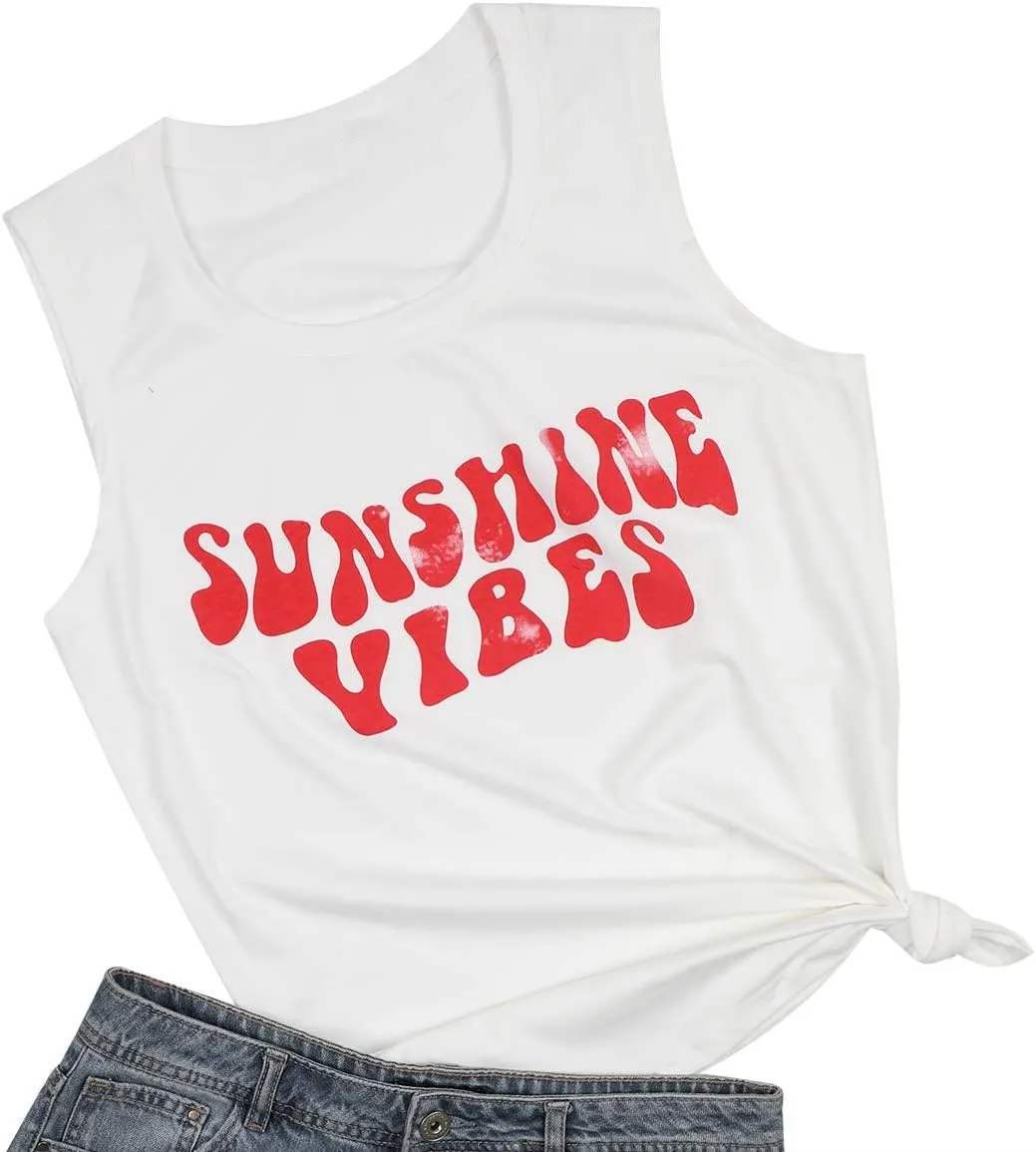 Sunshine Vibes Letter Print Vest T Shirt Women's Summer Sleeveless Graphic Tank Tops Casual Loose Workout Tees