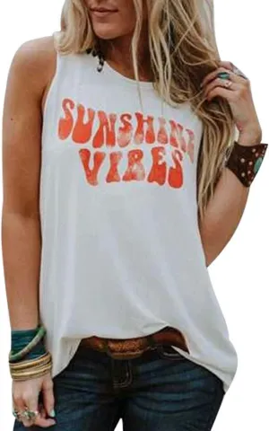 Sunshine Vibes Letter Print Vest T Shirt Women's Summer Sleeveless Graphic Tank Tops Casual Loose Workout Tees