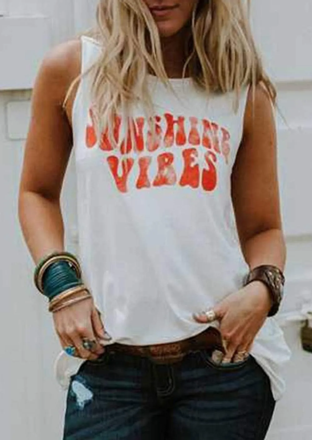 Sunshine Vibes Letter Print Vest T Shirt Women's Summer Sleeveless Graphic Tank Tops Casual Loose Workout Tees