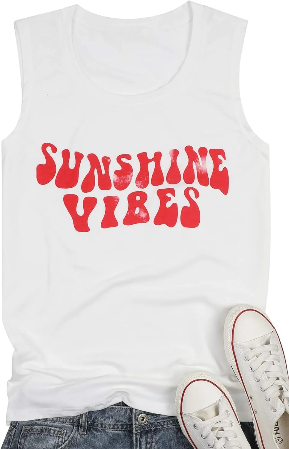 Sunshine Vibes Letter Print Vest T Shirt Women's Summer Sleeveless Graphic Tank Tops Casual Loose Workout Tees