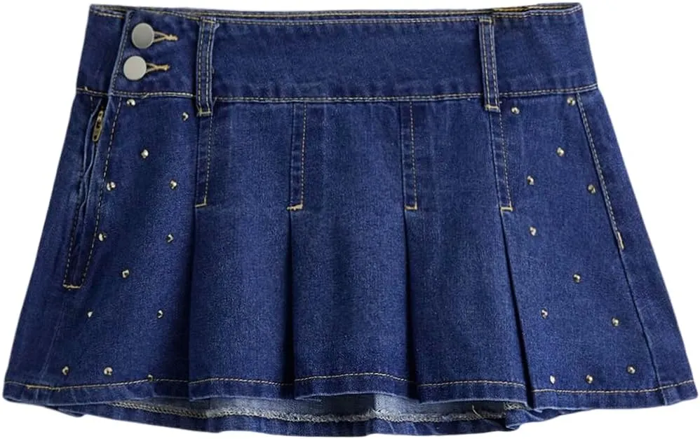 SweatyRocks Women's Casual Ruffle Pleated Denim Skirt Raw Hem Short A Line Jean Skirts